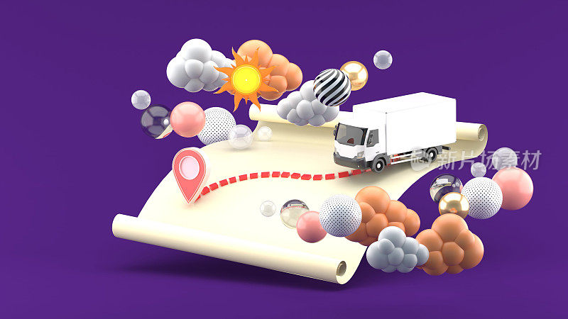 配送车在地图上的云团中间，彩球在紫色的背景上。3 d渲染。
